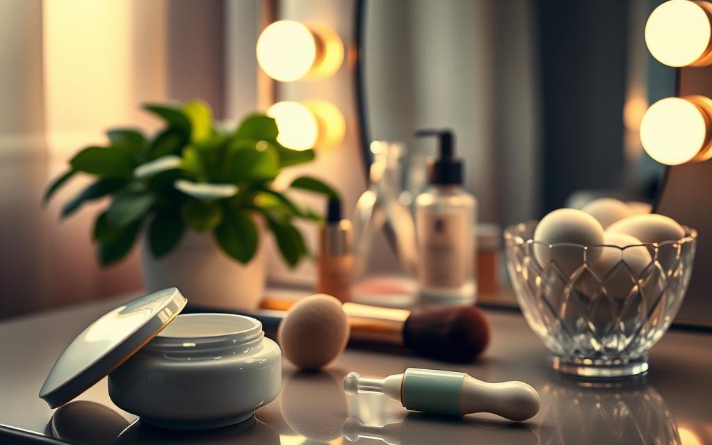 A dimly lit vanity, adorned with an array of luxurious beauty products. Soft, warm lighting casts a gentle glow, creating an intimate and relaxing atmosphere. In the foreground, a porcelain jar of face cream, its lid slightly ajar, stands ready for application. Nearby, a jade roller and a delicate glass dropper containing a serum beckon. The middle ground features a velvety makeup brush and a crystal bowl filled with makeup sponges, hinting at the meticulous care taken in this nightly ritual. In the background, a lush, leafy plant adds a touch of tranquility, while the subtle reflections in the mirror suggest a serene, meditative moment. The overall scene conveys a sense of self-care, indulgence, and the quiet beauty of a nighttime beauty routine.