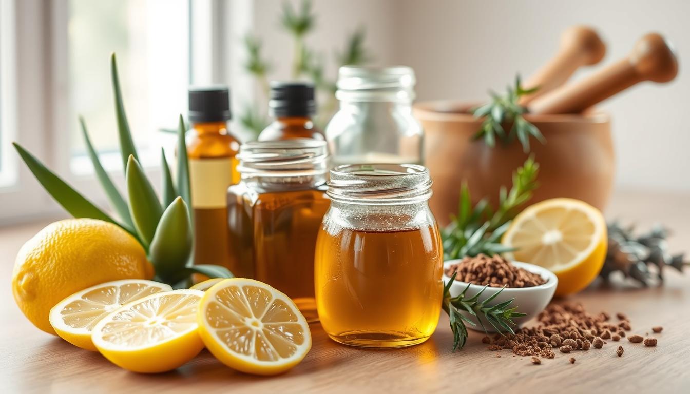 A still life arrangement showcasing various natural ingredients for acne scar treatment. In the foreground, arrange sliced lemons, aloe vera leaves, and a jar of honey. In the middle ground, place jars of essential oils like tea tree and rosemary. In the background, have a mortar and pestle with crushed herbs and spices. Illuminate the scene with soft, natural lighting, perhaps from a window. Capture the arrangement at a slight angle, creating depth and emphasizing the textures and colors of the natural elements. Convey a soothing, earthy atmosphere that evokes the notion of holistic, at-home remedies for improving the appearance of acne scars.