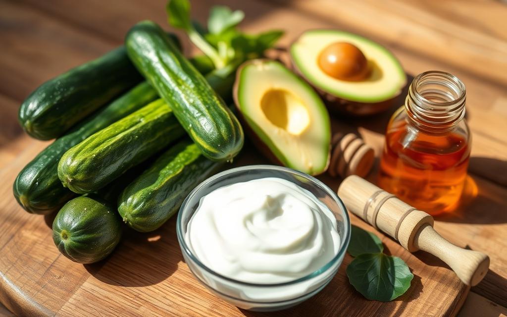 A close-up shot of an arrangement of homemade skincare products for an instant glow. On a wooden tabletop, an assortment of natural ingredients such as fresh cucumbers, avocado, honey, and yogurt are displayed. Soft, diffused lighting from the side creates natural shadows and highlights the texture of the ingredients. The focus is on the center of the frame, showcasing the vibrant colors and organic shapes of the natural face pack components. The overall mood is fresh, healthy, and inviting, conveying the benefits of using homemade, natural remedies for glowing skin.