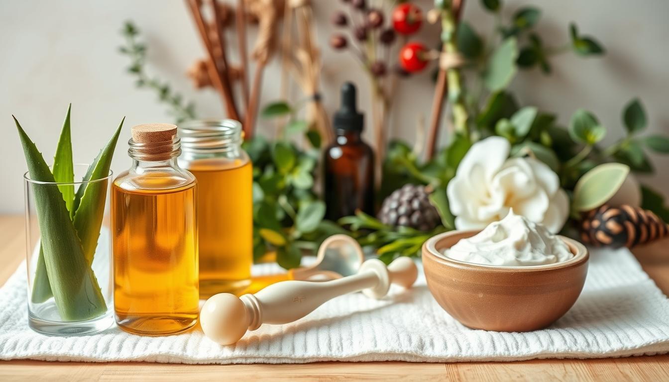 A neatly organized display of various natural skincare ingredients and tools for DIY acne scar treatments. In the foreground, glass jars filled with ingredients like aloe vera, honey, and tea tree oil stand prominently. In the middle ground, a clean white towel showcases a face roller, jade gua sha tool, and a small bowl of homemade face mask. The background features a soft, minimalist arrangement of fresh herbs and botanicals, conveying a serene, spa-like atmosphere. Warm, natural lighting casts a gentle glow, highlighting the organic textures and hues. The overall mood is one of simplicity, wellness, and empowerment for tackling acne scars through holistic, do-it-yourself methods.