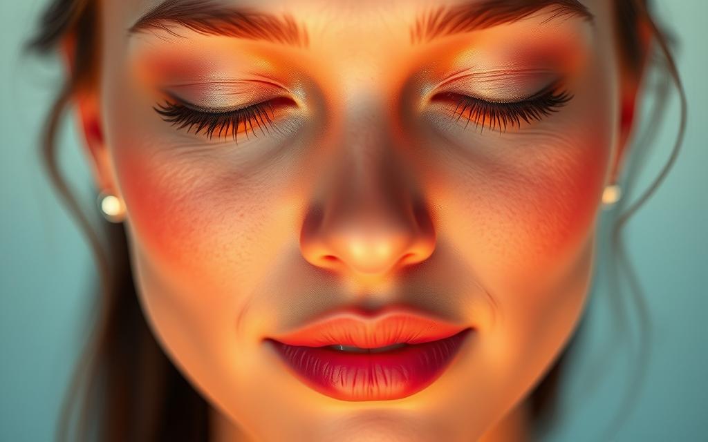 A glowing, radiant face with flawless, luminous skin. Soft, diffused lighting from above creates a warm, ethereal atmosphere. The skin has a dewy, healthy sheen, with a subtle, natural-looking luminescence emanating from within. Fine lines and imperfections are minimized, giving the complexion a youthful, rejuvenated appearance. The facial features are slightly softened, creating a dreamy, serene expression. The lighting and hues evoke a sense of inner calm and tranquility. A close-up, high-resolution shot that captures the skin's mesmerizing glow in exquisite detail.