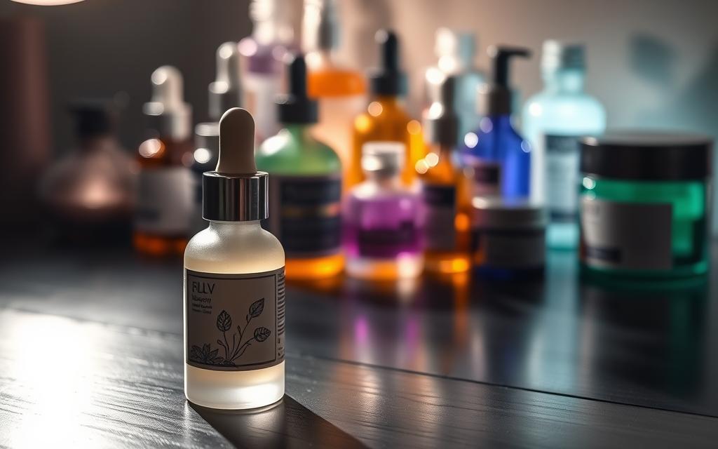 A dimly lit nightstand with an assortment of glass bottles and jars, their contents emitting a soft, luminous glow. In the foreground, a high-quality serum in a frosted glass vial rests on a dark wooden surface, its label showcasing intricate botanical illustrations. Behind it, a variety of serums and creams in amber, violet, and emerald hues are arranged, their shapes and colors creating a visually captivating display. Soft, warm lighting casts subtle shadows, adding depth and dimension to the scene. The overall atmosphere is one of tranquility, inviting the viewer to indulge in a nighttime beauty ritual.