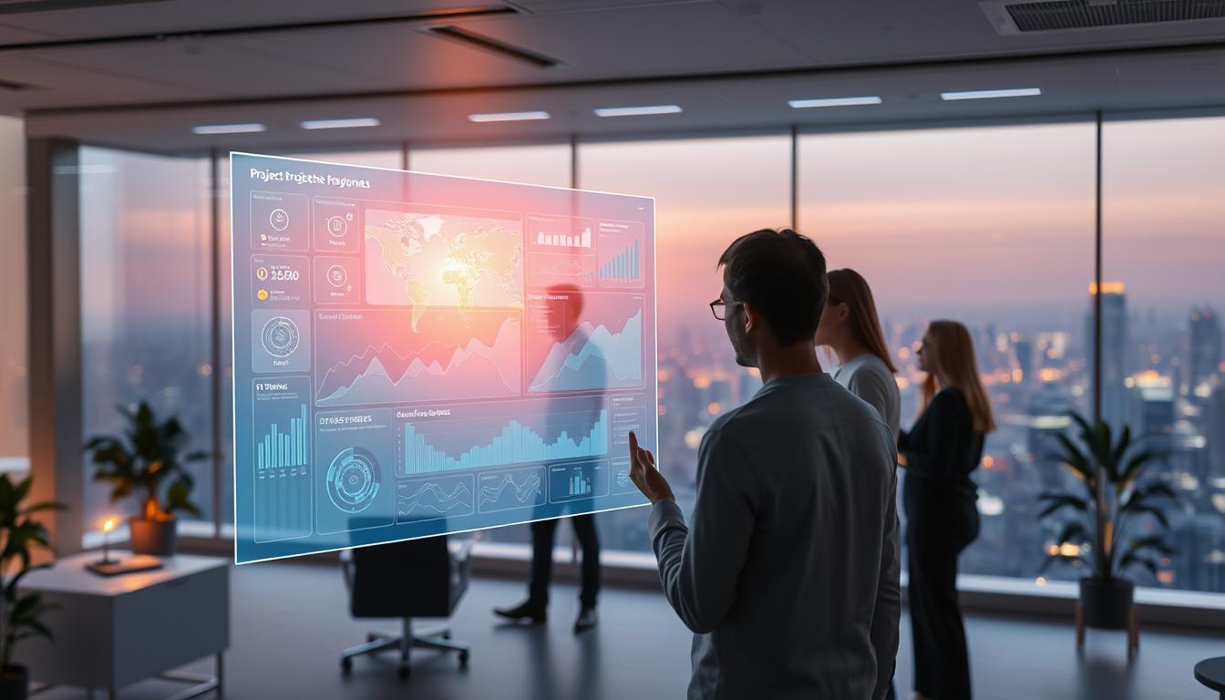 A futuristic office setting, illuminated by soft, ambient lighting. In the foreground, a holographic display presents a complex project management dashboard, showcasing real-time data visualizations and AI-powered insights. In the middle ground, a team of professionals collaborates seamlessly, their movements and gestures triggering adaptive changes on the projected interface. The background reveals a panoramic cityscape, hinting at the global scale and interconnectedness of modern project management facilitated by advanced AI systems. The overall composition conveys a sense of innovation, efficiency, and the seamless integration of human and artificial intelligence in the evolving landscape of project management.