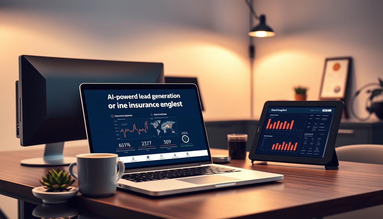 A sleek, modern office scene with a prominent laptop displaying an AI-powered lead generation platform for insurance agents. The desk features a high-end desktop computer, a professional headset, and a tablet displaying relevant data and analytics. Subtle details like a coffee mug, a succulent plant, and a framed industry certification add a sense of professionalism. Warm, directional lighting illuminates the scene, creating a productive and focused atmosphere. The background blurs slightly, emphasizing the tools and technology in the foreground. The overall composition conveys the power of AI-driven lead generation for insurance agents.