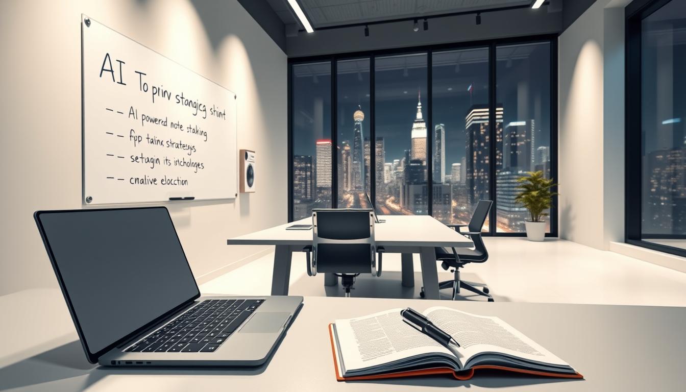 A sleek, minimalist office interior with a large whiteboard on the wall displaying AI-powered note-taking strategies. In the foreground, a stylized laptop, a high-end digital pen, and an open notebook showcase the tools of the trade. The middle ground features a modern, ergonomic desk and chair, illuminated by soft, directional lighting. The background showcases a large window overlooking a bustling cityscape, creating a sense of urban sophistication. The overall mood is one of productivity, innovation, and the seamless integration of advanced technology into the workflow.