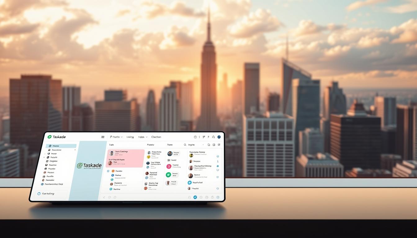 Taskade AI Task Management Platform: A sleek, modern user interface with a minimalist aesthetic. The foreground features a clean dashboard displaying various task and project management tools, with clear organization and intuitive icons. The middle ground showcases a collaborative workspace, where team members can seamlessly communicate and coordinate their efforts. In the background, a vibrant cityscape with skyscrapers and a cloud-filled sky sets a productive and dynamic atmosphere. Warm lighting from behind casts a soft glow, creating a sense of focus and efficiency. The overall impression is of a powerful, yet user-friendly task management solution that streamlines workflow and fosters collaboration.