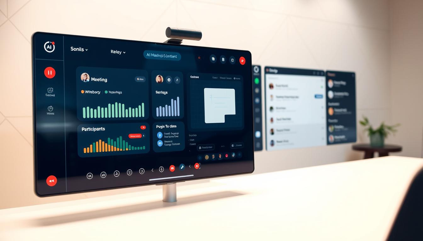 A sleek, modern interface for the AI meeting assistant "Jamie". The foreground features a clean, minimalist design with a central dashboard displaying key meeting metrics and controls. The middle ground showcases various interactive widgets and tools - a virtual whiteboard, a note-taking pane, and a participant list. The background has a subtle geometric pattern, giving the scene a sense of depth and sophistication. The lighting is soft and balanced, with a warm, inviting tone. The camera angle is slightly elevated, creating an approachable and user-friendly perspective. The overall mood is one of productivity, efficiency, and seamless collaboration.