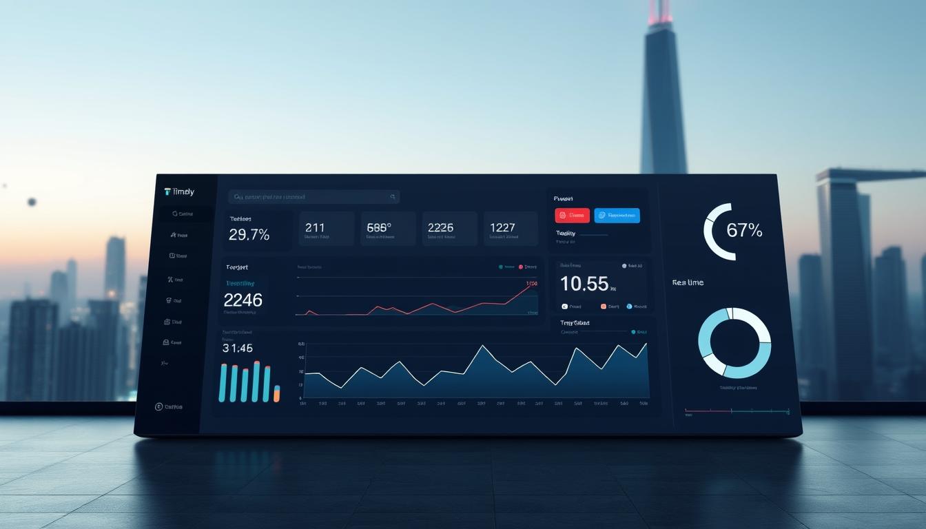 A sleek, modern AI-powered time tracking dashboard for Timely, a comprehensive project management suite. In the foreground, a large, elegant dashboard displays real-time data visualizations of team productivity, task progress, and time allocation. The middle ground features a minimalist user interface with clean typography and intuitive controls. The background showcases a serene, futuristic cityscape with towering skyscrapers and glowing holograms, conveying a sense of technological sophistication. Soft, directional lighting illuminates the scene, casting subtle shadows and highlights that accentuate the dashboard's refined, premium aesthetic. The overall mood is one of efficiency, precision, and forward-thinking innovation.