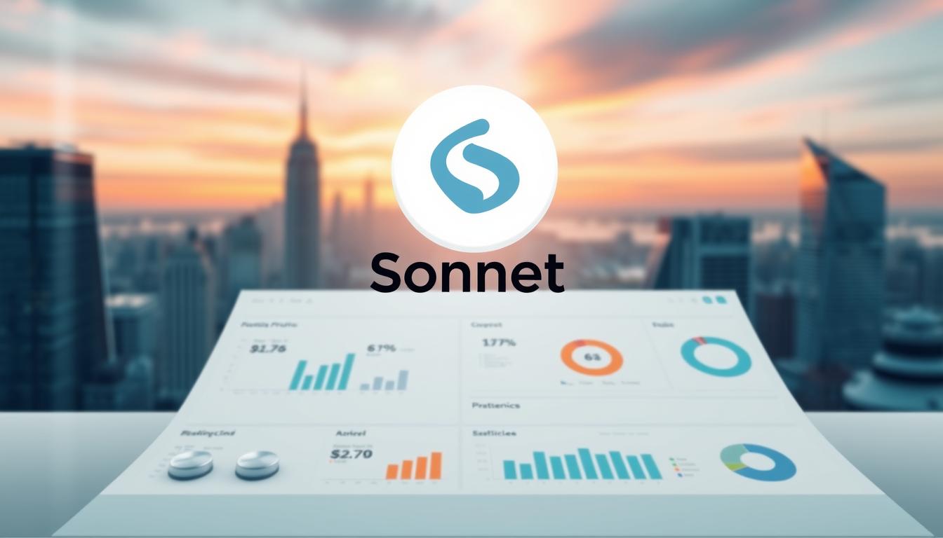 A sleek and modern data visualization dashboard showcasing the Sonnet AI CRM Integration Platform. In the foreground, a stylized 3D representation of the Sonnet logo hovers above a clean, minimalist interface with intuitive controls and toggles. The middle ground features interactive graphs, charts, and metrics tracking key CRM performance indicators. In the background, a soft, blurred cityscape with skyscrapers and a vibrant sunset sky creates a professional, enterprise-level atmosphere. Lighting is soft and diffused, with strategic highlights drawing the eye to the platform's core functionality. The overall composition conveys a sense of efficiency, innovation, and seamless CRM integration.