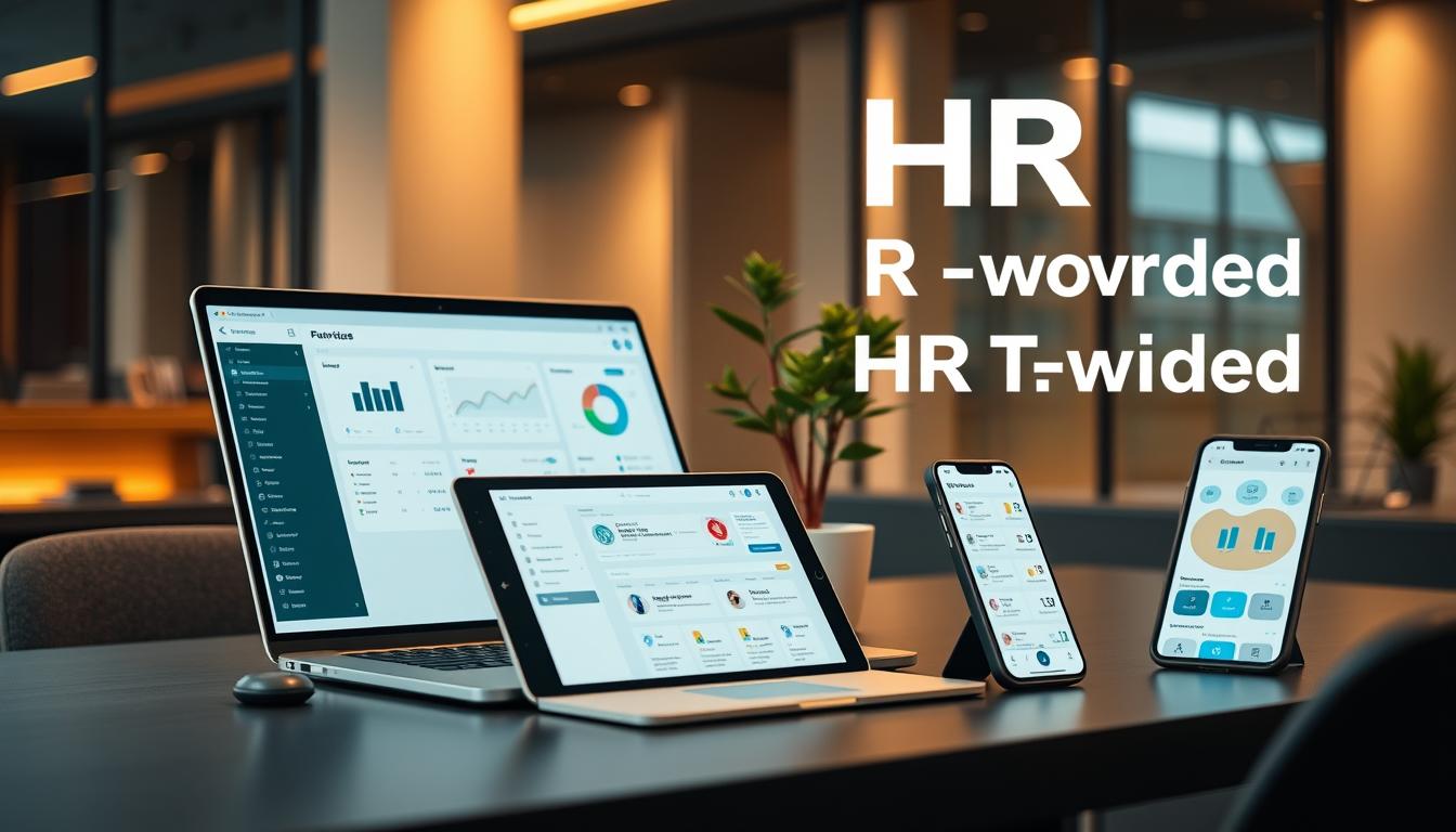 A sleek, modern office setting with a desk displaying an array of AI-powered HR tools. In the foreground, a laptop, tablet, and smartphone showcase various HR software applications with intuitive user interfaces. The middle ground features an ergonomic chair and a potted plant, creating a professional and productive atmosphere. The background is softly blurred, emphasizing the focal point of the HR tech tools. Warm, indirect lighting illuminates the scene, creating a sense of sophistication and innovation. The composition is balanced, with the HR tools prominently displayed, reflecting the cutting-edge technologies available to modern HR professionals.