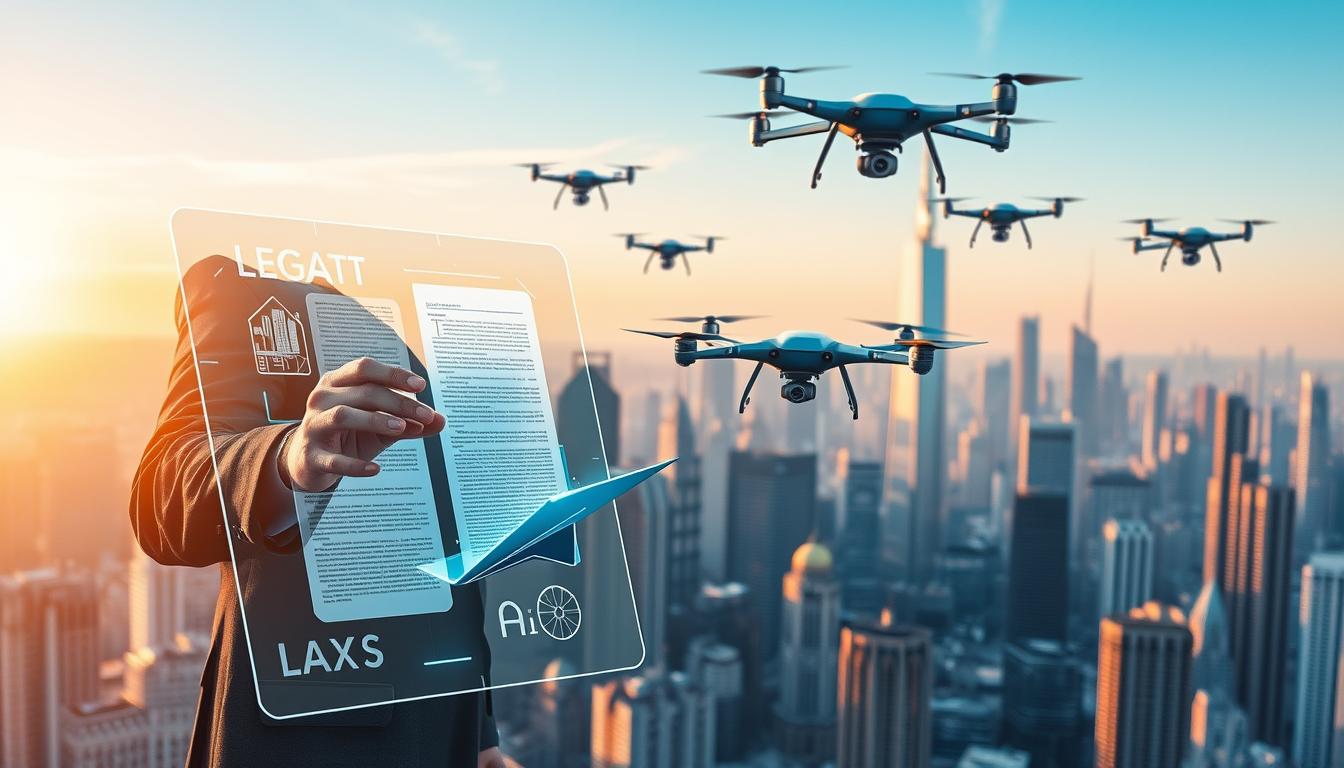 A futuristic cityscape bathed in a warm, ethereal glow. In the foreground, a holographic display showcases intricate legal documents and contracts, manipulated by the hands of a lawyer clad in a sleek, high-tech suit. Floating above the cityscape, a swarm of autonomous drones equipped with advanced sensors and AI-powered legal analysis tools. In the background, towering skyscrapers and gleaming spires, representing the technological advancements transforming the legal industry. The scene conveys a sense of innovation, efficiency, and the seamless integration of AI into the practice of law.