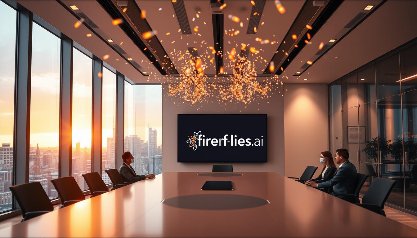 A sleek, modern office interior with floor-to-ceiling windows overlooking a vibrant city skyline. In the foreground, a group of professionals are engaged in a meeting around a large, minimalist conference table, illuminated by warm, recessed lighting. Floating above them, a swarm of luminescent fireflies gently drift, casting a soft, ethereal glow throughout the space. The Fireflies.ai logo is prominently displayed on a large screen at the head of the table, reflecting the advanced analytics and seamless integrations of this cutting-edge meeting management platform. The overall atmosphere is one of productivity, innovation, and technological sophistication.