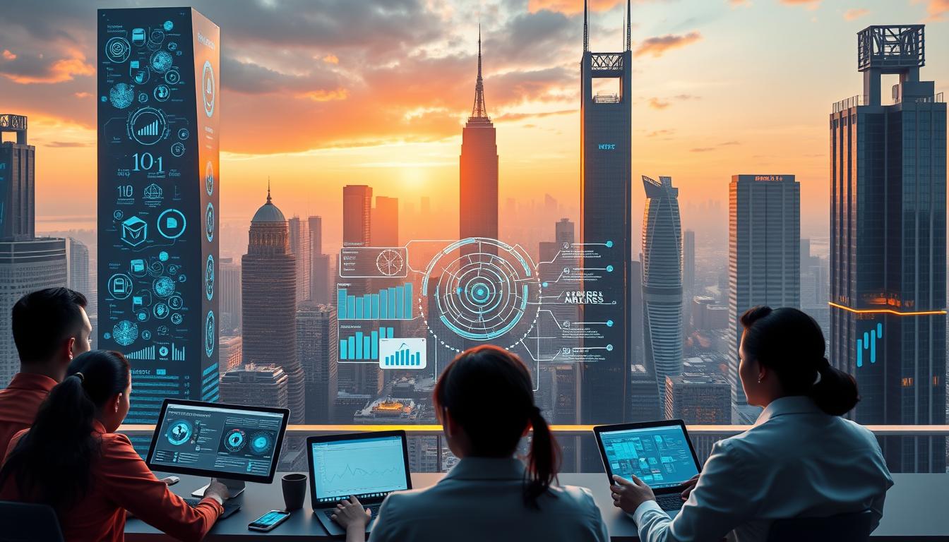 A sleek, futuristic cityscape with towering skyscrapers adorned with holographic displays showcasing complex data visualizations. In the foreground, a team of project managers utilizing advanced AI-powered tools to track progress, analyze risks, and optimize workflows. The middle ground features a digital command center with a panoramic view, where an AI assistant provides real-time insights and recommendations. The background is bathed in a warm, ethereal glow, hinting at the seamless integration of AI and human intelligence in this vision of the future of project management.