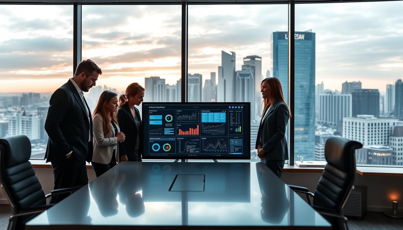 A sleek, modern law office interior with a large window overlooking a dynamic city skyline. In the foreground, a team of legal professionals gathers around a state-of-the-art touchscreen display, intently studying data visualizations and AI-powered analytical tools. The middle ground features a well-appointed meeting table and ergonomic chairs, creating an atmosphere of focused collaboration. The background is softly lit, with warm, indirect lighting accentuating the contemporary decor and premium furnishings. The overall scene conveys a sense of technological sophistication and legal expertise, reflecting the cutting-edge strategies employed in training and implementing AI-driven legal drafting tools.