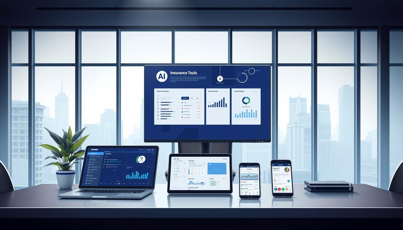 Detailed digital illustration of a sleek, modern office setting featuring a desk with various AI-powered insurance tools and applications displayed on a large monitor. The foreground showcases a laptop, a tablet, and a smartphone showcasing different insurance-related interfaces and dashboards. The middle ground includes an ergonomic office chair and a plant for a touch of nature. The background features floor-to-ceiling windows overlooking a cityscape, creating a sense of a professional, technology-driven workspace. The lighting is soft and balanced, creating a calm and productive atmosphere. The overall composition conveys the idea of cutting-edge AI-driven insurance tools empowering agents to streamline their workflows and better serve their clients.