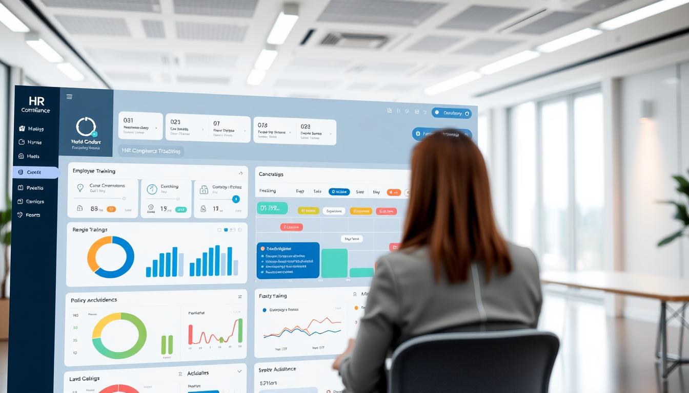 A sleek and minimalist user interface displaying a dashboard of HR compliance tracking tools. In the foreground, a series of interactive charts and graphs visualize key data points such as employee training progress, policy acknowledgments, and regulatory adherence. The middle ground features a timeline view with color-coded milestones and alerts, allowing for proactive monitoring of compliance obligations. The background showcases a clean, airy office setting with subtle lighting and a muted color palette, creating a professional and reassuring atmosphere for HR teams to manage their compliance responsibilities.
