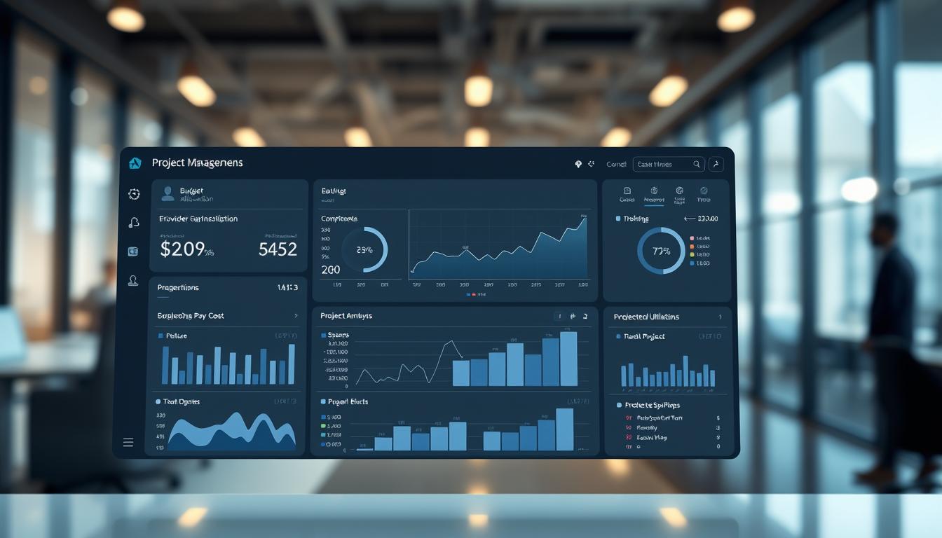 A meticulously detailed, high-resolution image of an AI-powered project management dashboard, displaying a comprehensive cost analysis. In the foreground, a sleek, minimalist interface showcases interactive charts and graphs depicting budget allocations, resource utilization, and projected ROI. The middle ground features a clean, monochromatic color scheme, accentuated by subtle gradients and clean typography. In the background, a blurred cityscape or office environment sets the scene, conveying a professional, corporate atmosphere. The lighting is soft and directional, creating depth and emphasizing the dashboard's crisp, modern aesthetic. The overall mood is one of data-driven efficiency and strategic decision-making, reflecting the cost-benefit analysis of AI project management tools.