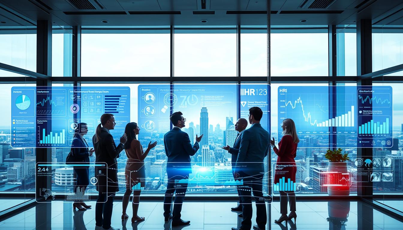 A sleek, modern office interior with floor-to-ceiling windows. In the foreground, an array of holographic interfaces and virtual dashboards display real-time data and analytics on employee productivity, workflow optimization, and HR KPIs. The middle ground features a team of diverse professionals engaged in animated discussion, gesturing towards the digital displays. The background showcases a panoramic cityscape, symbolizing the global, interconnected nature of the AI-powered HR transformation. Vibrant lighting from the displays casts a futuristic glow, evoking a sense of innovation and efficiency. The overall scene conveys the impact of AI-driven tools on enhancing HR productivity and driving organizational success.
