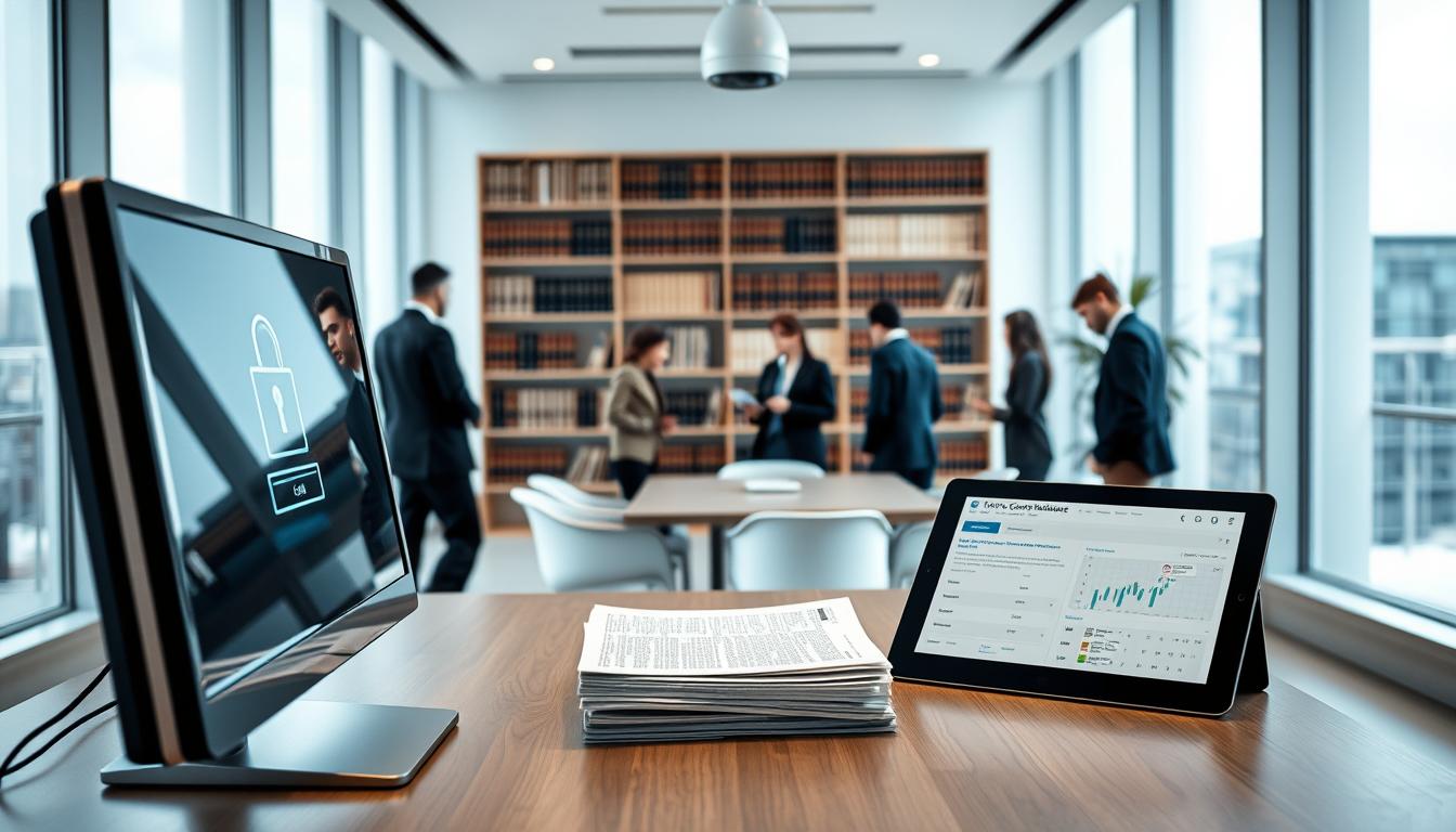 A sleek, modern office interior with large windows. In the foreground, a desktop computer displays a secure login screen, its screen protected by a transparent barrier. On the desk, a stack of legal documents and a tablet with a security compliance dashboard. In the middle ground, a team of professionals in business attire collaborating around a conference table, discussing data privacy and regulatory requirements. The background features tall bookshelves filled with law books and a prominent security camera, conveying a sense of vigilance and attention to detail. The lighting is soft and diffused, creating a professional and trustworthy atmosphere.