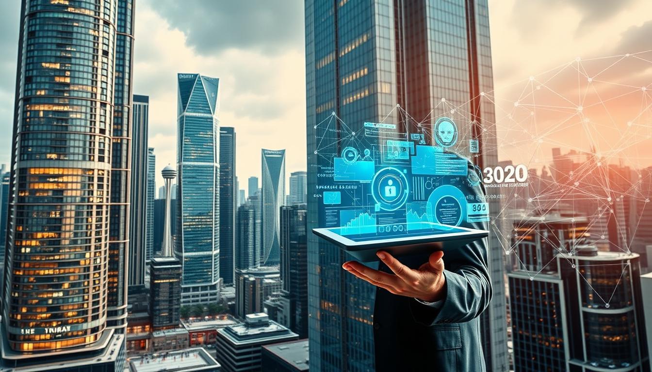 A dynamic cityscape with towering skyscrapers, their facades adorned with sleek, futuristic interfaces. In the foreground, an insurance agent gestures confidently, wielding a tablet displaying complex data visualizations. Holographic projections emanate from their fingertips, guiding clients through personalized insurance policies. The middle ground showcases a bustling hub of activity, where AI-powered chatbots and virtual assistants seamlessly interact with customers. In the background, a vast digital network pulsates, interconnecting insurance data, risk analysis, and predictive modeling. Warm, diffused lighting casts a sense of innovation and progress, showcasing the integration of artificial intelligence within the insurance technology landscape.