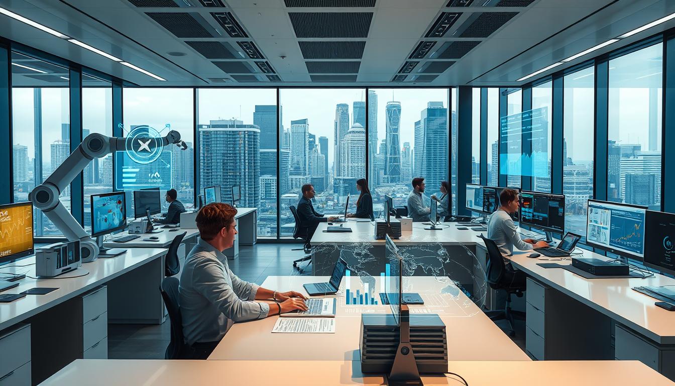A futuristic office interior, with sleek and modern workstations. In the foreground, a person is seated at a desk, interacting with a holographic display showcasing insurance claims data. Nearby, a robotic arm processes physical documents. The middle ground features other employees collaborating, surrounded by holographic interfaces and AI-powered analytics dashboards. The background is dominated by large windows, letting in natural light and offering a panoramic view of a bustling city skyline. The scene conveys a sense of efficiency, innovation, and the seamless integration of AI technology into the insurance claims processing workflow.