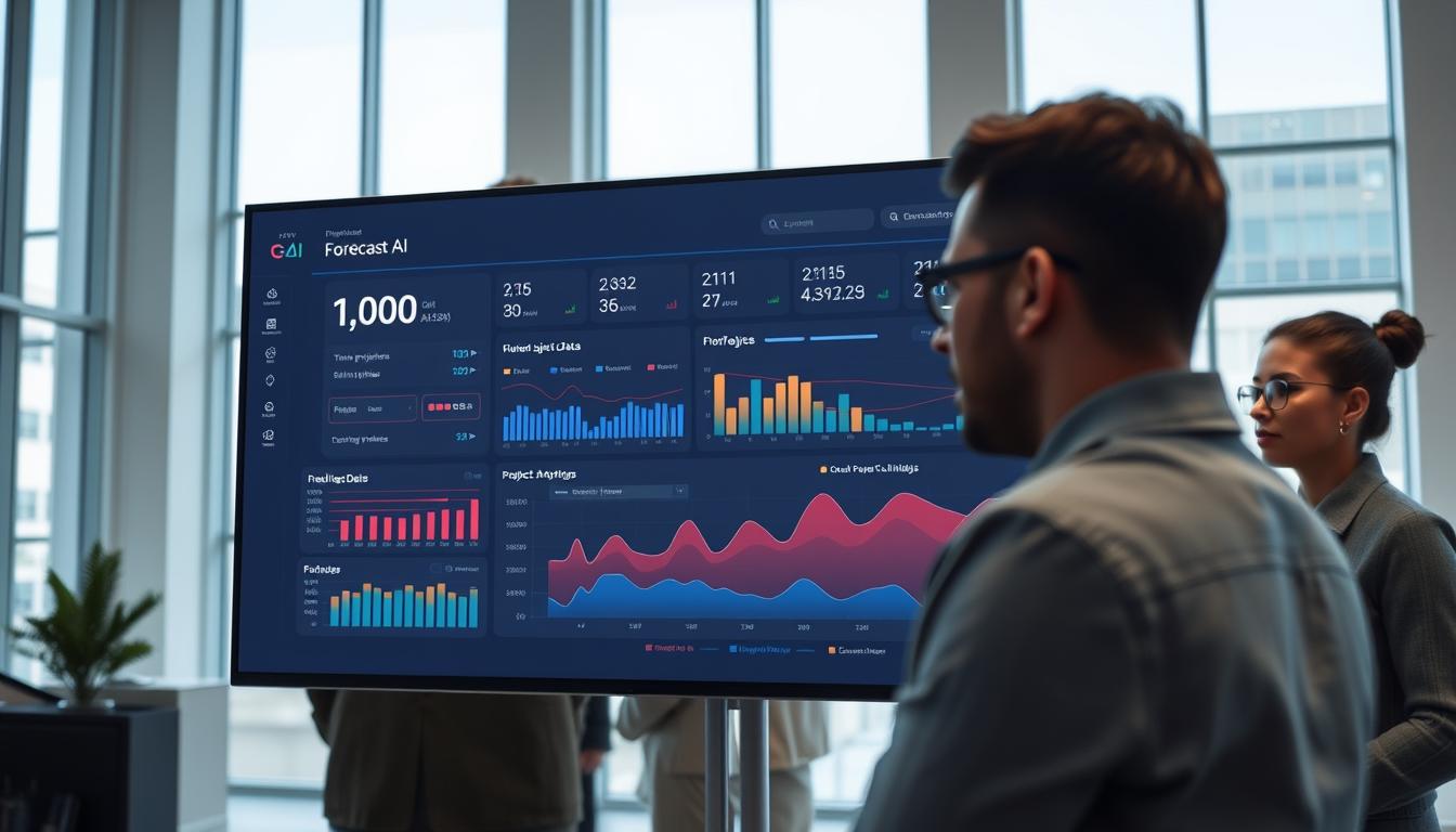 A sleek, minimalist user interface showcasing the Forecast AI Project Management Platform. The foreground features a large, ultra-high-resolution dashboard displaying real-time project data, analytics, and AI-powered insights. The middle ground depicts a team of professionals collaborating seamlessly, their expressions focused and engaged. The background showcases a modern, light-filled office space with floor-to-ceiling windows, creating a sense of openness and productivity. Crisp, even lighting illuminates the scene, captured with a wide-angle lens to convey a sense of scale and grandeur. The overall mood is one of efficiency, innovation, and cutting-edge technology revolutionizing project management.