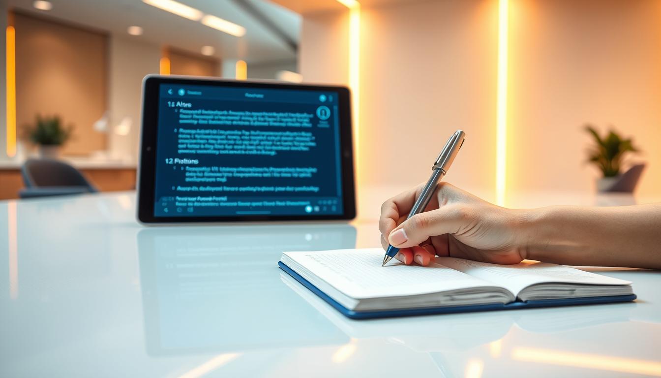 A bright, clean scene showcasing two contrasting AI note-taking technologies. In the foreground, a human hand elegantly takes notes by hand with a stylish pen on a crisp white notepad. In the middle ground, a sleek AI-powered tablet displays real-time transcription and digital annotations, with a minimalist user interface. The background features a subtle futuristic office setting with warm lighting and clean lines, emphasizing the modern, technology-driven nature of the scene. The overall atmosphere conveys a sense of efficiency, innovation, and the complementary nature of human and AI-driven note-taking.