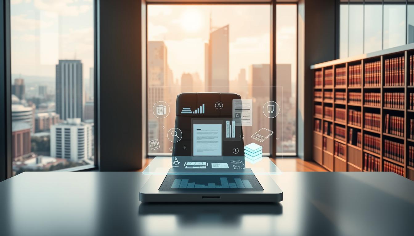 A sleek and modern law office, with a large window overlooking a bustling city skyline. In the foreground, a state-of-the-art AI legal assistant, CoCounsel, sits on a minimalist desk, its holographic interface projecting a series of digital documents and case files. The lighting is warm and inviting, with soft directional beams highlighting the advanced technology. The middle ground features a high-backed leather chair, subtly angled towards the AI, suggesting an intuitive and collaborative workflow. In the background, bookshelves filled with legal tomes line the walls, reinforcing the authoritative and professional atmosphere. The overall scene conveys the power and sophistication of CoCounsel's AI-driven legal drafting capabilities.