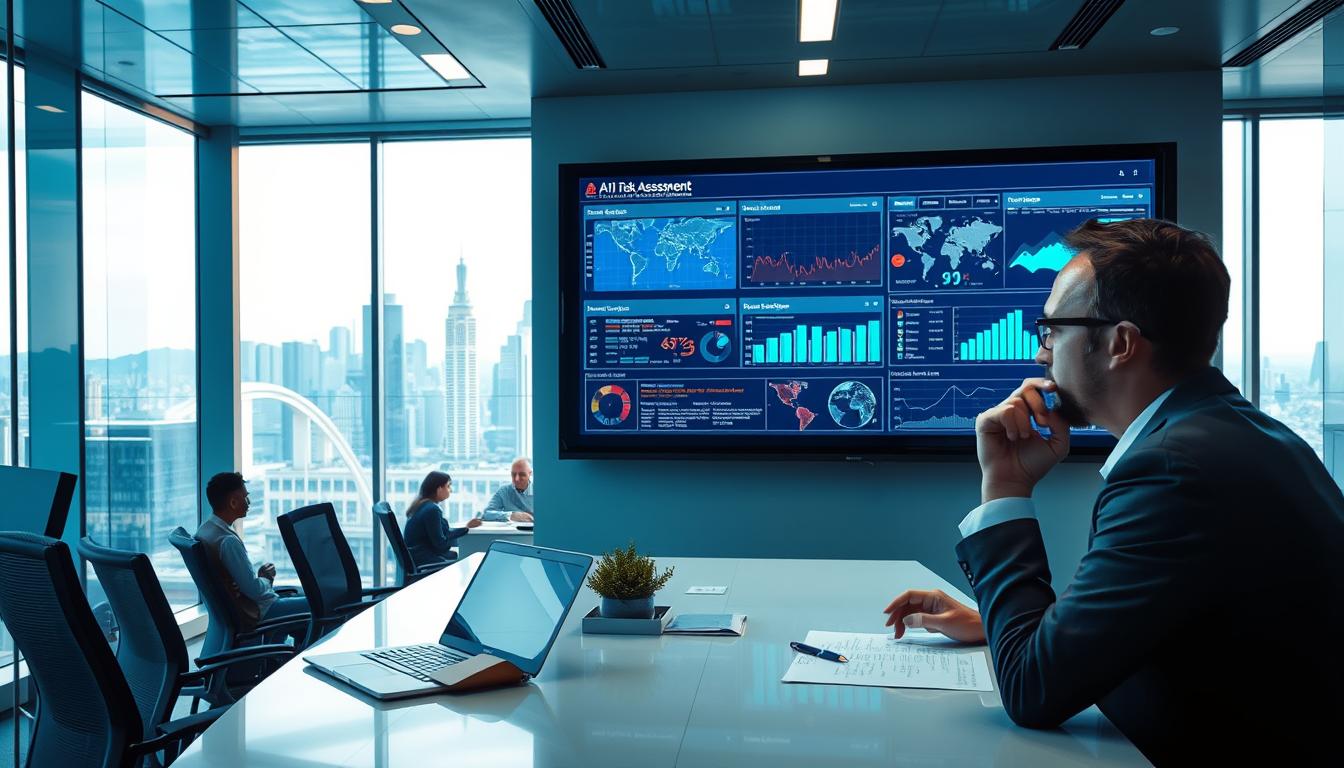 A high-tech insurance office with an AI-powered risk assessment dashboard displayed on a large wall-mounted monitor. The foreground features a professional insurance agent reviewing data and visualizations on the screen, deep in thought. The middle ground shows a team of analysts collaborating around a conference table, studying insurance policies and risk models. The background depicts a bustling city skyline visible through floor-to-ceiling windows, conveying a sense of the industry's far-reaching impact. Bright, modern lighting illuminates the space, creating a sleek, futuristic atmosphere. The scene communicates the integration of cutting-edge AI technology in the insurance sector's risk assessment and underwriting processes.
