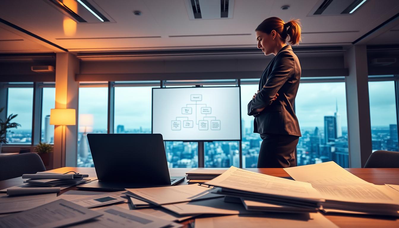 A modern office interior bathed in warm lighting, with a businesswoman standing at a desk, deep in thought. In the foreground, scattered legal documents and a laptop representing the complexities of AI technology implementation. In the middle ground, a whiteboard displaying a flowchart, symbolizing the strategic planning required. In the background, a panoramic window overlooking a bustling cityscape, hinting at the larger business landscape. The scene conveys a sense of contemplation and the challenges of seamlessly integrating AI into legal workflows.