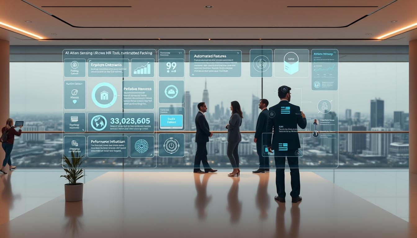A sleek, minimalist workspace with an array of cutting-edge AI-powered HR tools on display. In the foreground, a holographic dashboard showcases automated features like employee onboarding, performance tracking, and talent management. In the middle ground, a team of diverse professionals interacts with the intuitive interfaces, their movements captured by motion-sensing cameras. The background features a panoramic city skyline, hinting at the global connectivity and scalability of these AI-driven HR solutions. Subtle, warm lighting creates a professional, futuristic atmosphere, while the clean, uncluttered design evokes efficiency and innovation.
