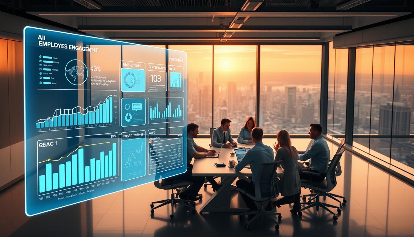 A high-tech office setting with sleek, modern furniture and minimalist decor. In the foreground, a holographic projection of an AI dashboard displays employee engagement metrics, performance data, and real-time analytics. The middle ground features employees collaborating around a large conference table, their expressions engaged and attentive. In the background, floor-to-ceiling windows offer a panoramic view of a futuristic cityscape, bathed in warm, diffused lighting that creates a serene, productive atmosphere. The overall scene conveys the power of AI-driven employee engagement and performance management solutions to empower HR professionals and drive organizational success.