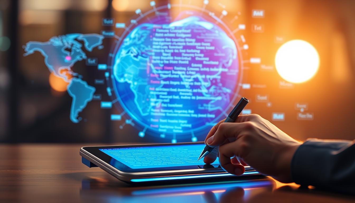 A sleek, futuristic AI note-taking tool, its interface glowing with a vibrant, multilingual display. In the foreground, a user's hands gracefully interacting with the device, transcribing notes in real-time. The middle ground showcases the tool's advanced natural language processing, translating and compiling the text seamlessly across multiple languages. In the background, a dynamic, holographic visualization of the AI's inner workings, pulsing with data and insights. Bathed in a warm, soft light, the scene conveys a sense of power, intelligence, and effortless efficiency – a superpowered AI assistant for the modern, global workplace.