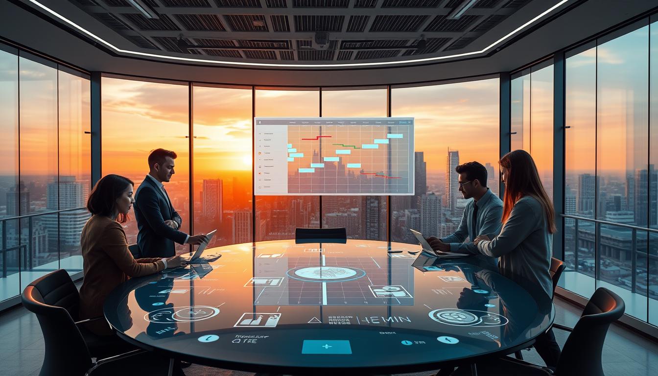 A sleek, modern office setting with a large digital display showcasing various AI-powered project management features. In the foreground, a team of professionals collaborating around a curved glass conference table, using intuitive touch interfaces to access real-time project data. The middle ground features a holographic Gantt chart projecting above the table, allowing for seamless visualization and planning. In the background, a panoramic window overlooks a vibrant cityscape, bathed in the warm glow of sunset. The lighting is a balanced mix of ambient and directional, creating depth and highlighting the state-of-the-art technology. The overall mood is one of efficiency, innovation, and forward-thinking collaboration.