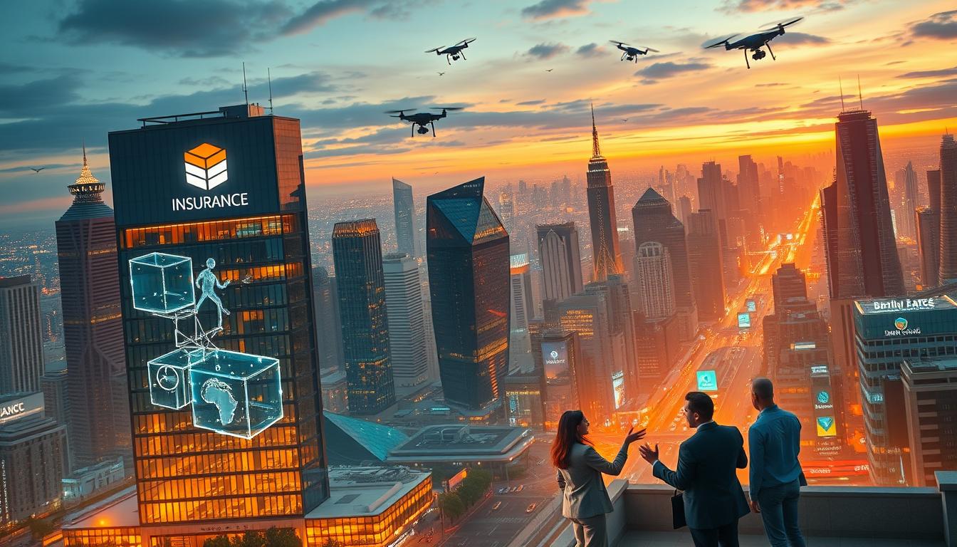 A sprawling metropolis at dusk, its towering skyscrapers bathed in a warm amber glow. In the foreground, a sleek, futuristic office building emblazoned with the logo of a prominent insurance company. Holographic displays flicker and dance, showcasing innovative AI-powered services. In the middle ground, a diverse team of insurance agents gesticulate animatedly, their interactions facilitated by intelligent software. The background is a kaleidoscope of activity - autonomous vehicles navigating the streets, drones buzzing overhead, and a pulsing network of data streams connecting the city. The scene conveys a sense of progress, efficiency, and the seamless integration of AI into the insurance industry.