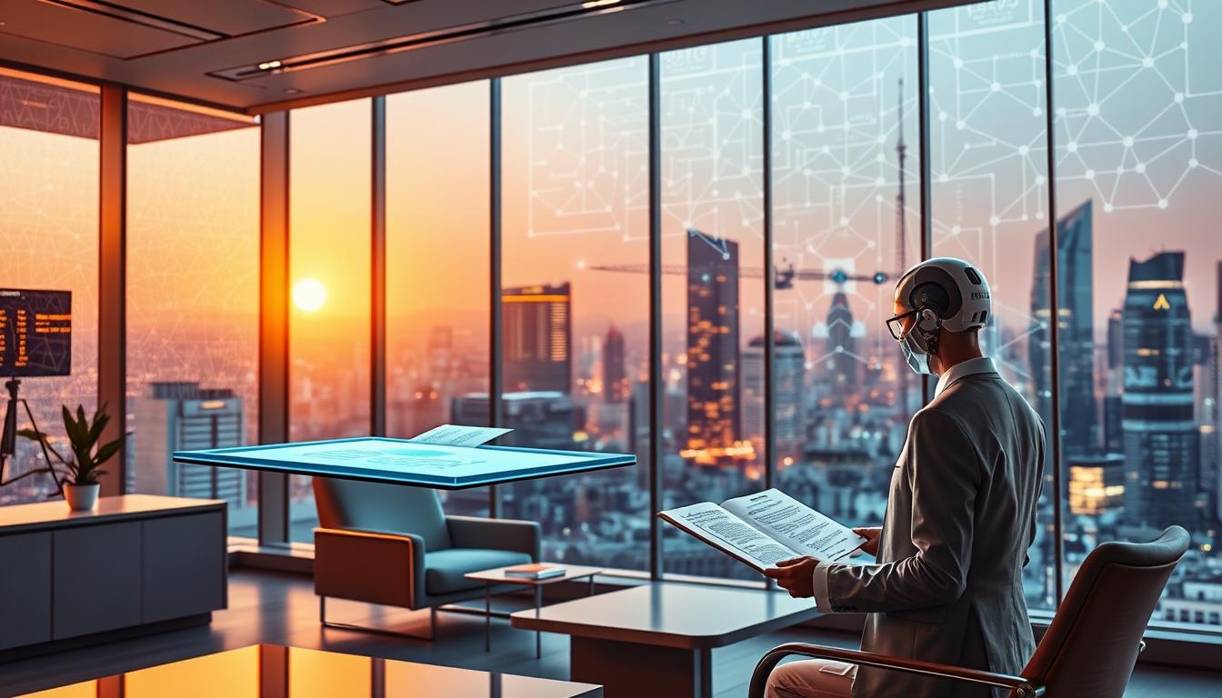A futuristic law office, bathed in warm, ambient lighting. In the foreground, a lawyer reviews documents on a sleek, floating holographic display. Beside them, an advanced AI assistant analyzes the text, highlighting key points and offering recommendations. The middle ground features modern, minimalist furniture and floor-to-ceiling windows overlooking a bustling city skyline. In the background, a matrix of interconnected data streams and algorithmic processes visualize the integration of AI into the legal workflow. The scene conveys a sense of efficiency, innovation, and the seamless merging of human expertise and machine intelligence within the legal technology landscape.