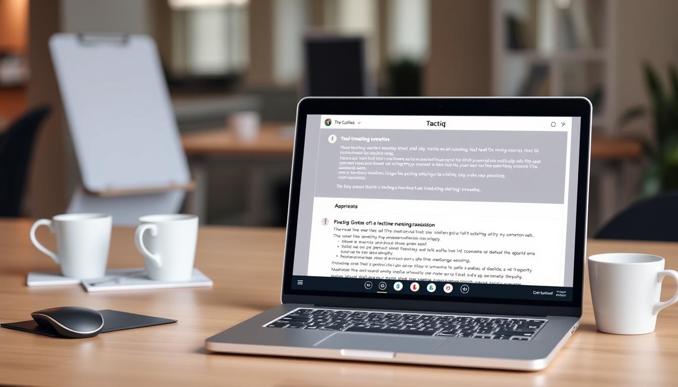 A sleek and professional-looking Chrome extension interface showcasing Tactiq's real-time meeting transcription capabilities. In the foreground, a laptop screen displays the Tactiq app's clean user interface, with transcribed text elegantly flowing across the screen. The middle ground features a modern, minimalist desktop setup, complete with a stylish mouse, keyboard, and a cup of coffee. The background is a softly blurred office environment, hinting at the productive and efficient atmosphere Tactiq helps create. The overall scene conveys a sense of streamlined productivity, cutting-edge technology, and a seamless workflow for capturing meeting notes.