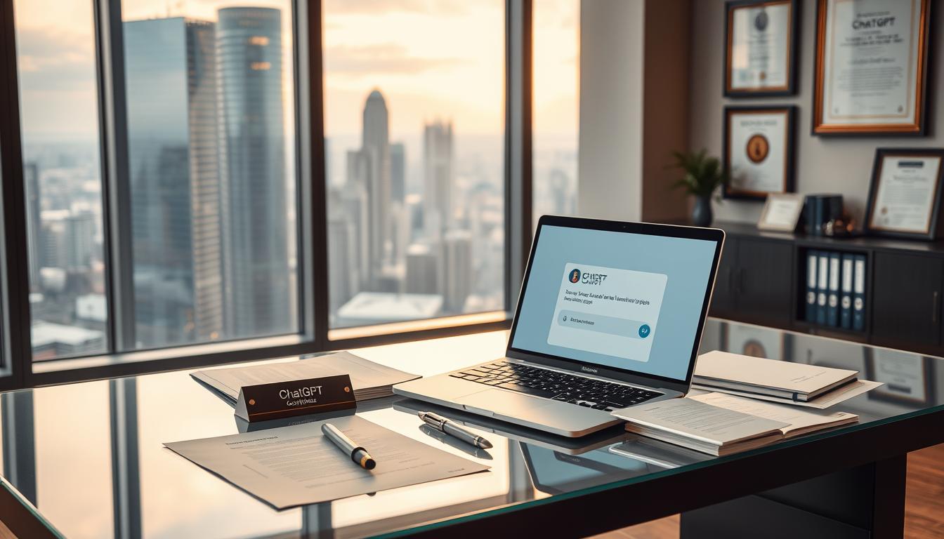A professional and modern office setting with a large window overlooking a vibrant city skyline. On a sleek glass-topped desk, an open laptop displays the ChatGPT interface, surrounded by a neatly organized array of legal documents, a pen holder, and a nameplate. The lighting is soft and warm, creating a productive and focused atmosphere. In the background, framed legal certificates and awards adorn the walls, conveying an aura of expertise and authority. The overall scene suggests the seamless integration of cutting-edge AI technology, like ChatGPT, into the legal workflow, enhancing productivity and efficiency.