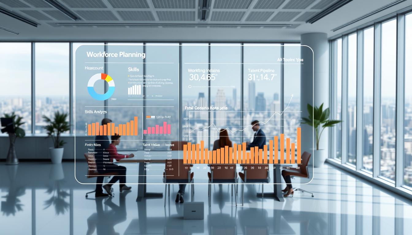 a detailed 3D scene of an AI-powered workforce planning analytics dashboard, set in a modern, minimalist office environment with large windows and natural lighting. In the foreground, a sleek, holographic display shows visual representations of workforce data, such as headcount, skills analysis, attrition rates, and talent pipeline. In the middle ground, there are several employees collaborating around a conference table, discussing the analytics and making data-driven decisions. The background features a skyline view of a bustling city, symbolizing the global reach and impact of the AI-powered workforce planning solution.