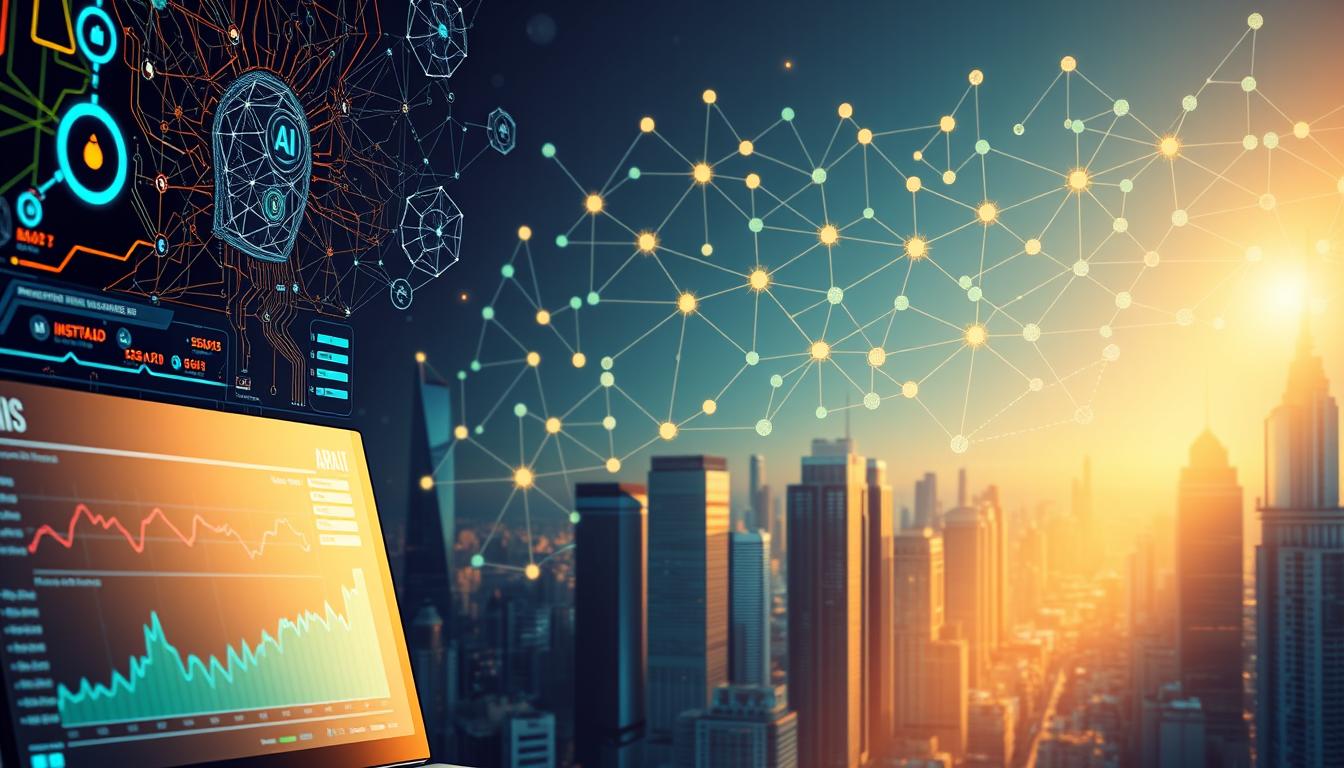 A sophisticated AI system analyzes insurance data, with intricate algorithms and neural networks displayed in vivid detail. In the foreground, a sleek dashboard showcases real-time analytics and risk assessment tools. The middle ground features a complex web of interconnected data streams, color-coded and animated to illustrate the dynamic flow of information. In the background, a cityscape of towering skyscrapers represents the insurance industry, bathed in a warm, golden light that conveys a sense of progress and innovation. The overall atmosphere is one of technological prowess, efficiency, and the seamless integration of AI into the insurance landscape.