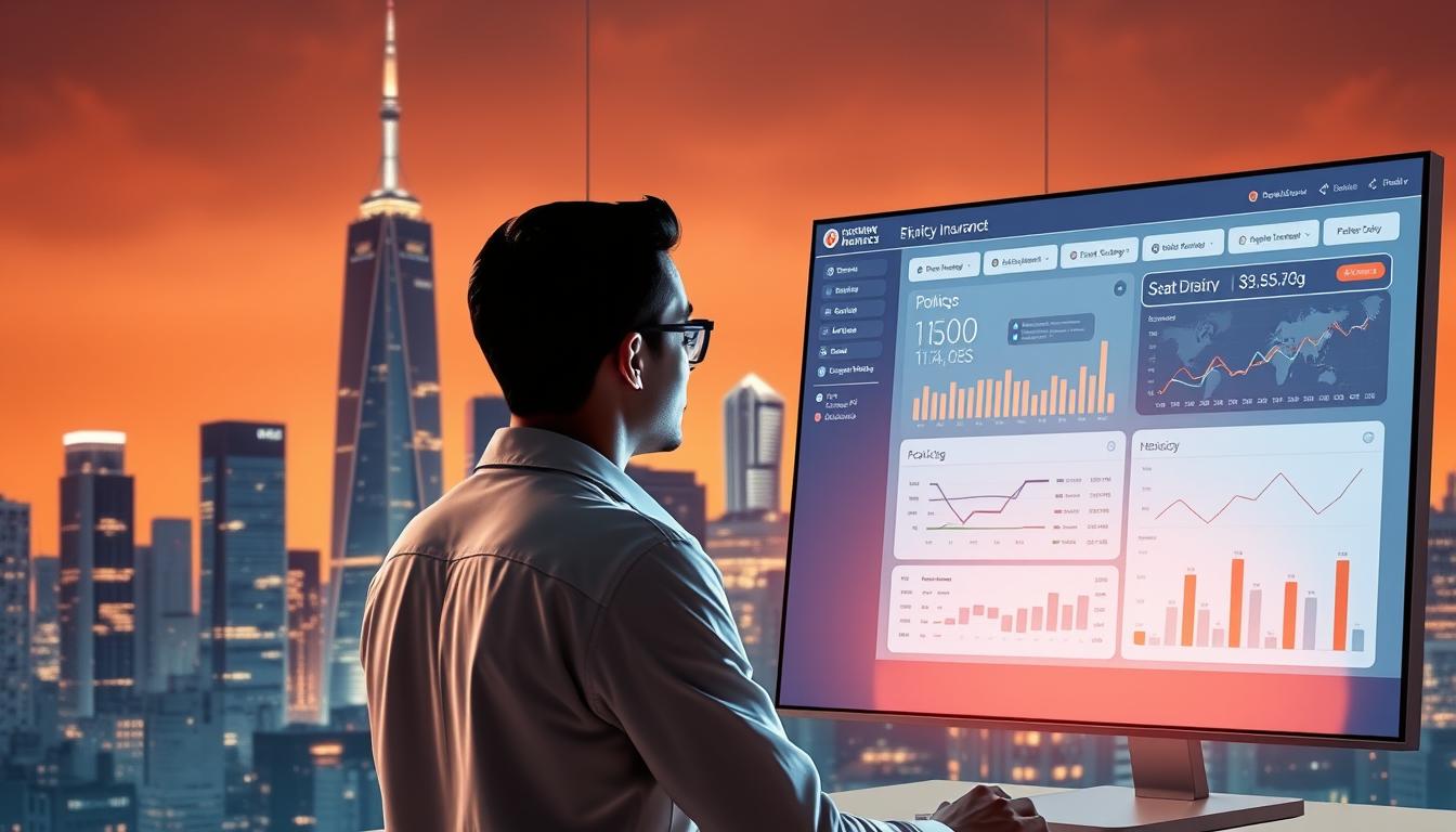 A sleek and modern AI policy management system, with a polished user interface featuring a dashboard, charts, and interactive data visualizations. In the foreground, a stylized representation of an insurance agent reviewing policy details on a high-resolution display. The background showcases a geometric, abstract city skyline, with towering skyscrapers and glowing lights, conveying a sense of technological sophistication. The scene is illuminated by warm, directional lighting, casting shadows and highlights that accentuate the clean, minimalist design. The overall atmosphere is one of efficiency, innovation, and data-driven decision making, befitting the needs of a forward-thinking insurance agency.