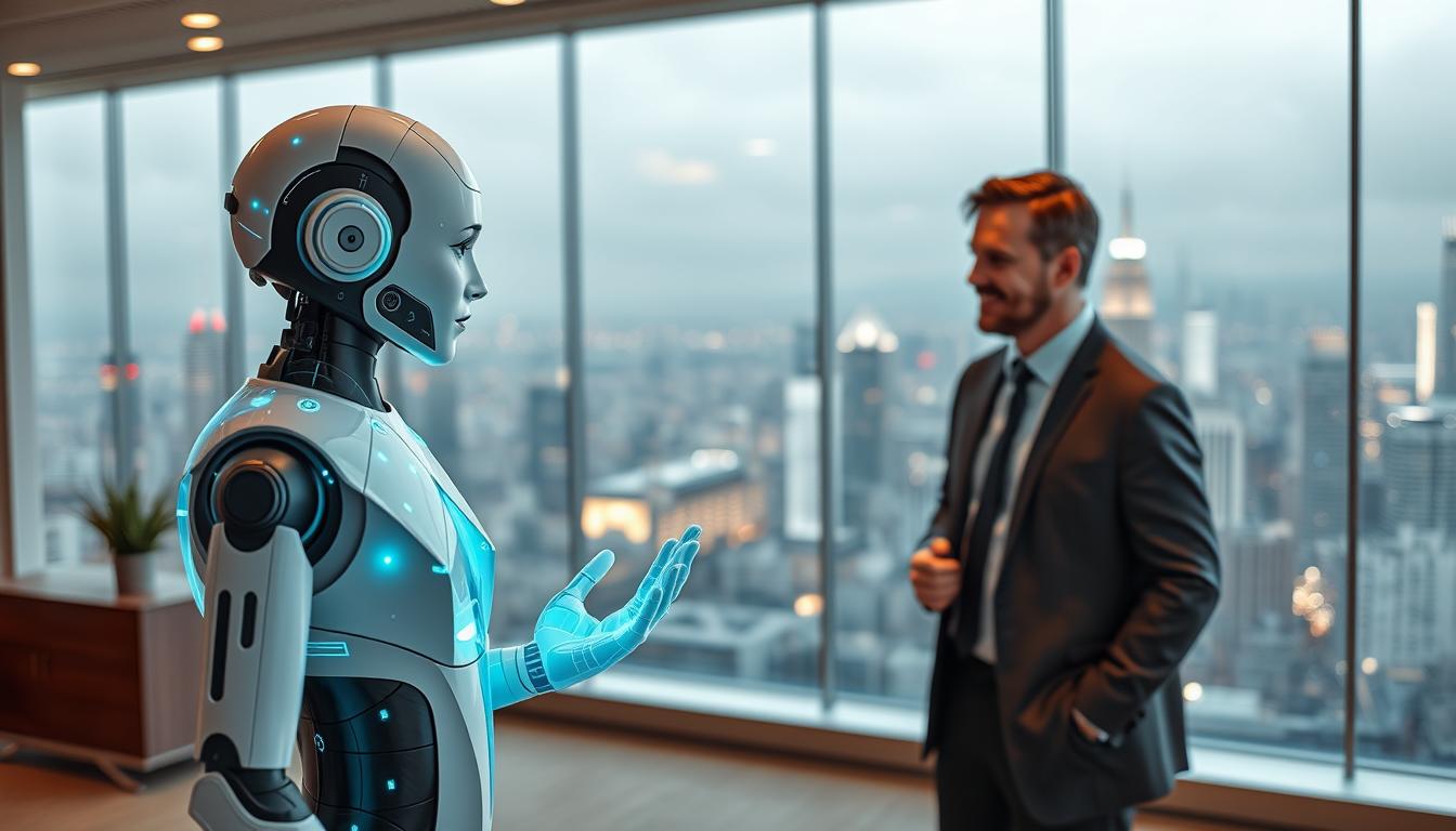 A modern office setting with a sleek, minimalist design. In the foreground, an AI-powered customer service agent, a lifelike humanoid figure, interacts with an insurance customer via a holographic display. The agent's facial expressions and body language convey empathy and attentiveness. In the middle ground, the insurance customer, dressed professionally, engages with the agent, their expressions reflecting satisfaction and trust. The background features a panoramic view of a bustling city skyline, bathed in soft, diffused lighting that creates a warm, inviting atmosphere. The overall scene captures the seamless integration of advanced AI technology with personalized customer service in the insurance industry.