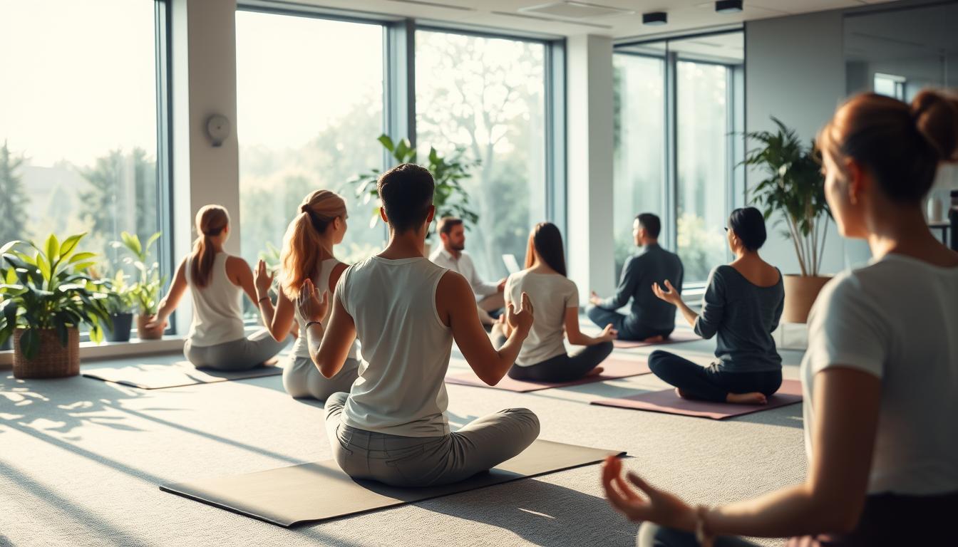 A tranquil office setting with employees engaged in various wellness activities. In the foreground, a group of people practice gentle yoga poses under soft, warm lighting. In the middle ground, others sit in meditation or participate in a group counseling session. The background features a serene garden view through large windows, creating a calming, nature-inspired ambiance. The lighting is balanced, with a hint of natural sunlight filtering in. The overall atmosphere conveys a sense of mental and physical rejuvenation, reflecting the company's commitment to holistic employee well-being.
