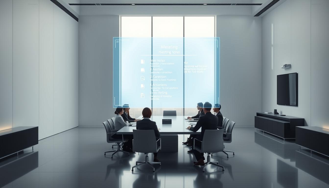 A sleek, minimalist meeting room with floor-to-ceiling windows, letting in soft, natural lighting. In the foreground, a floating holographic display projects meeting notes and action items, operated by a pair of disembodied hands. In the middle ground, several people in business attire sit around a long, polished conference table, engaged in discussion. The background features a seamless integration of AI technology, with ambient sensors and processing units discretely embedded in the walls and furniture. The overall atmosphere is one of efficiency, collaboration, and the seamless intersection of human and artificial intelligence.