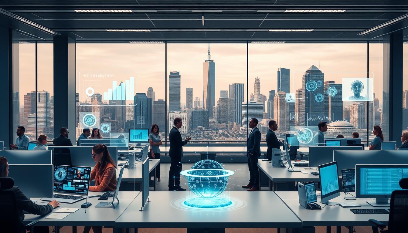 A digital office landscape with sleek, modern workstations and cutting-edge HR analytics displayed on floating holographic screens. In the foreground, a diverse team of HR professionals collaborates seamlessly, leveraging AI-powered tools to streamline talent management, employee engagement, and workforce optimization. The middle ground features a gleaming central hub where AI algorithms crunch data, generating insights that inform strategic HR decisions. The background depicts a cityscape of towering skyscrapers, symbolizing the integration of AI into the fabric of the modern workplace. Soft, diffused lighting creates a sense of technological sophistication and human-centric focus.