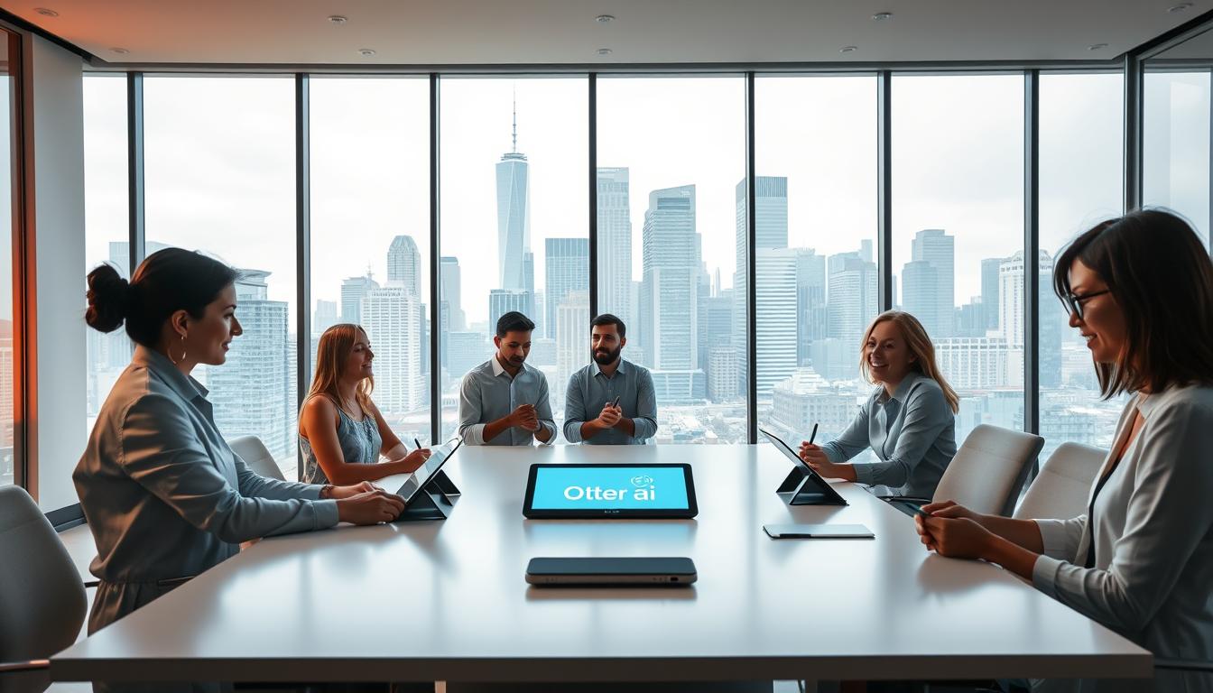 A modern, collaborative note-taking platform set in a bright, airy office space. In the foreground, a team of professionals gathered around a sleek, minimalist conference table, engaged in animated discussion, digital tablets and styluses in hand. The Otter AI logo prominently displayed on the table's surface. In the background, floor-to-ceiling windows offer a panoramic view of a bustling city skyline, filled with towering skyscrapers. Warm, diffused lighting creates a sense of productivity and innovation. The overall atmosphere exudes a seamless blend of technology and human-centric design, reflecting Otter AI's vision of empowering teams to capture, share, and leverage their collective knowledge.