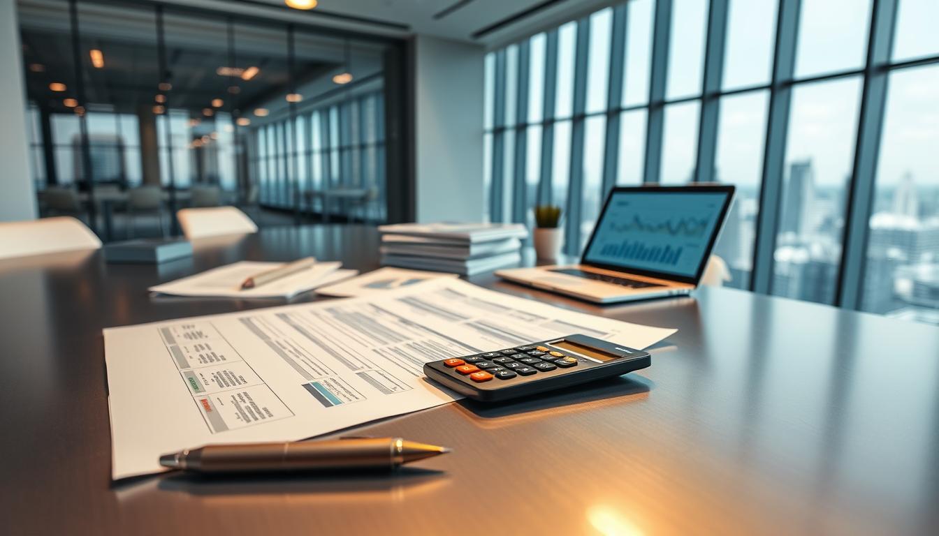 A crisp, clean spreadsheet on a sleek metal desk, illuminated by warm overhead lighting. In the foreground, a pen and calculator symbolize the financial analysis. The middle ground features neatly stacked legal documents and a laptop displaying charts and graphs. The background showcases a modern, minimalist office interior with floor-to-ceiling windows overlooking a bustling cityscape. The scene conveys a sense of thoughtful, data-driven decision-making about the cost-benefit trade-offs of adopting legal AI tools.