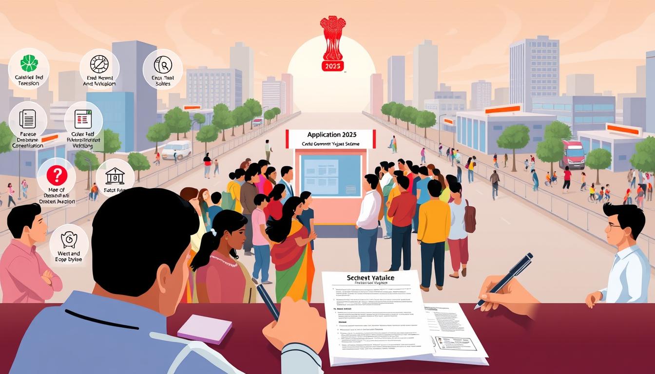 A vibrant and informative illustration depicting the application process for the Pradhan Mantri Rojgar Yojana 2025 scheme. In the foreground, a person fills out a detailed application form, surrounded by icons representing the various steps and requirements. In the middle ground, a group of diverse individuals, each representing a different sector or demographic, gather around a central government kiosk, conveying the scheme's broad reach. In the background, an urban landscape with bustling streets and modern office buildings sets the scene, hinting at the scheme's role in driving economic development. The overall atmosphere is one of optimism, accessibility, and a commitment to providing employment opportunities for all.