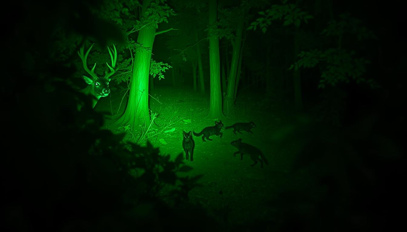 A nighttime wildlife observation scene through the lens of ultra-high-definition night vision goggles. In the foreground, a majestic deer cautiously emerges from dense foliage, its eyes aglow with the infrared illumination. In the middle ground, a group of small nocturnal mammals scurry across the forest floor, their movements captured with crystal clarity. The background showcases the rich, detailed textures of the surrounding wilderness, lit by a soft, ethereal green glow that reveals the hidden world of nature after dark. The image conveys a sense of wonder and discovery, highlighting the powerful capabilities of the Ultra-X night vision technology to unlock the secrets of the nocturnal wild.
