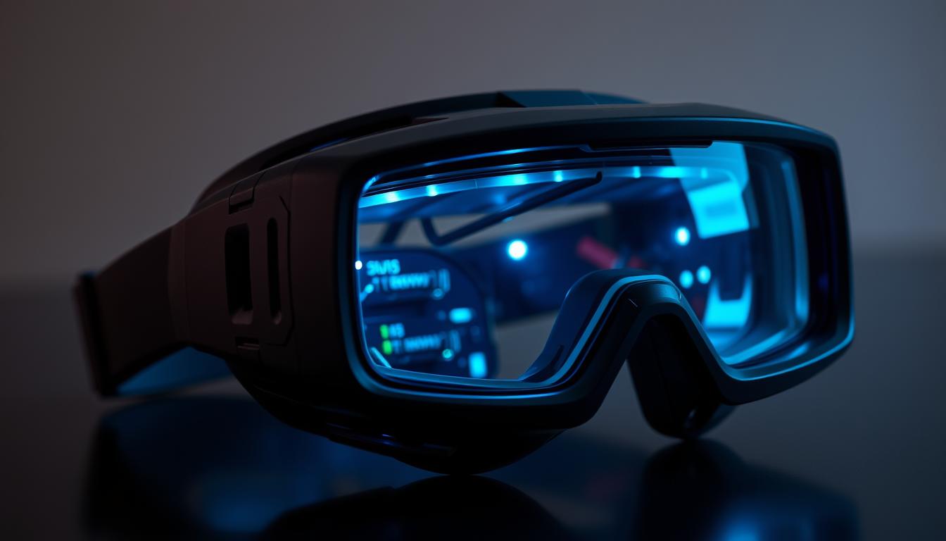 A sleek, futuristic nightvision goggle with a sharp, high-definition display. The device has a slender, streamlined frame with a matte black finish, accented by glowing blue LED lights. The lens is made of reinforced, scratch-resistant glass, optimized for low-light conditions. The interior is packed with cutting-edge sensors and processors, enabling ultra-sensitive night vision and thermal imaging capabilities. The goggles are mounted on an adjustable, ergonomic headband for a comfortable, secure fit. The scene is illuminated by a soft, ambient glow, creating an atmosphere of advanced technology and precision.